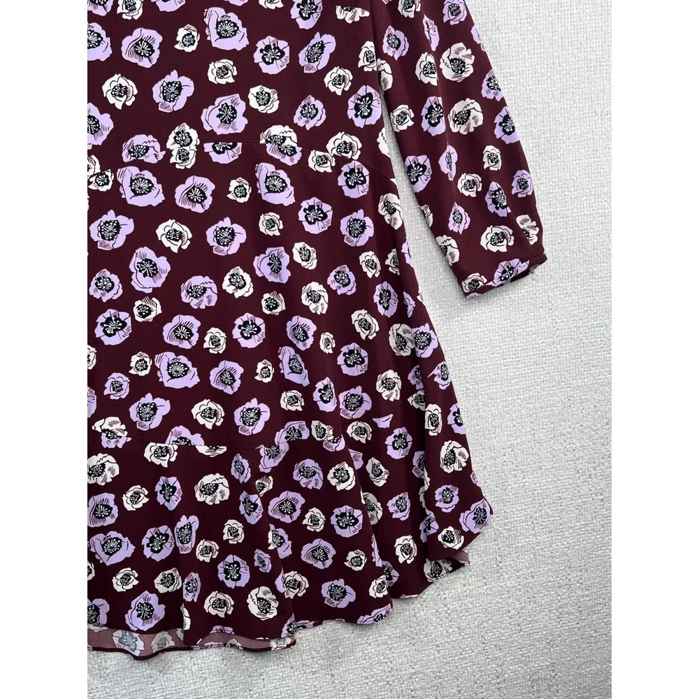 Loft Burgundy Floral Poppy Long Sleeve Ruffle Hem‎ Dress Purple White Womens